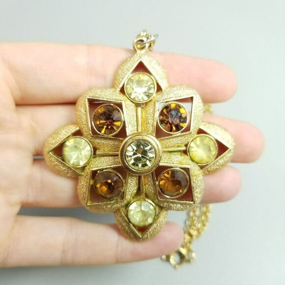 Vintage Sarah Coventry Starburst Rhinestone Gold Tone Pendant Necklace 1975 - Picture 1 of 11